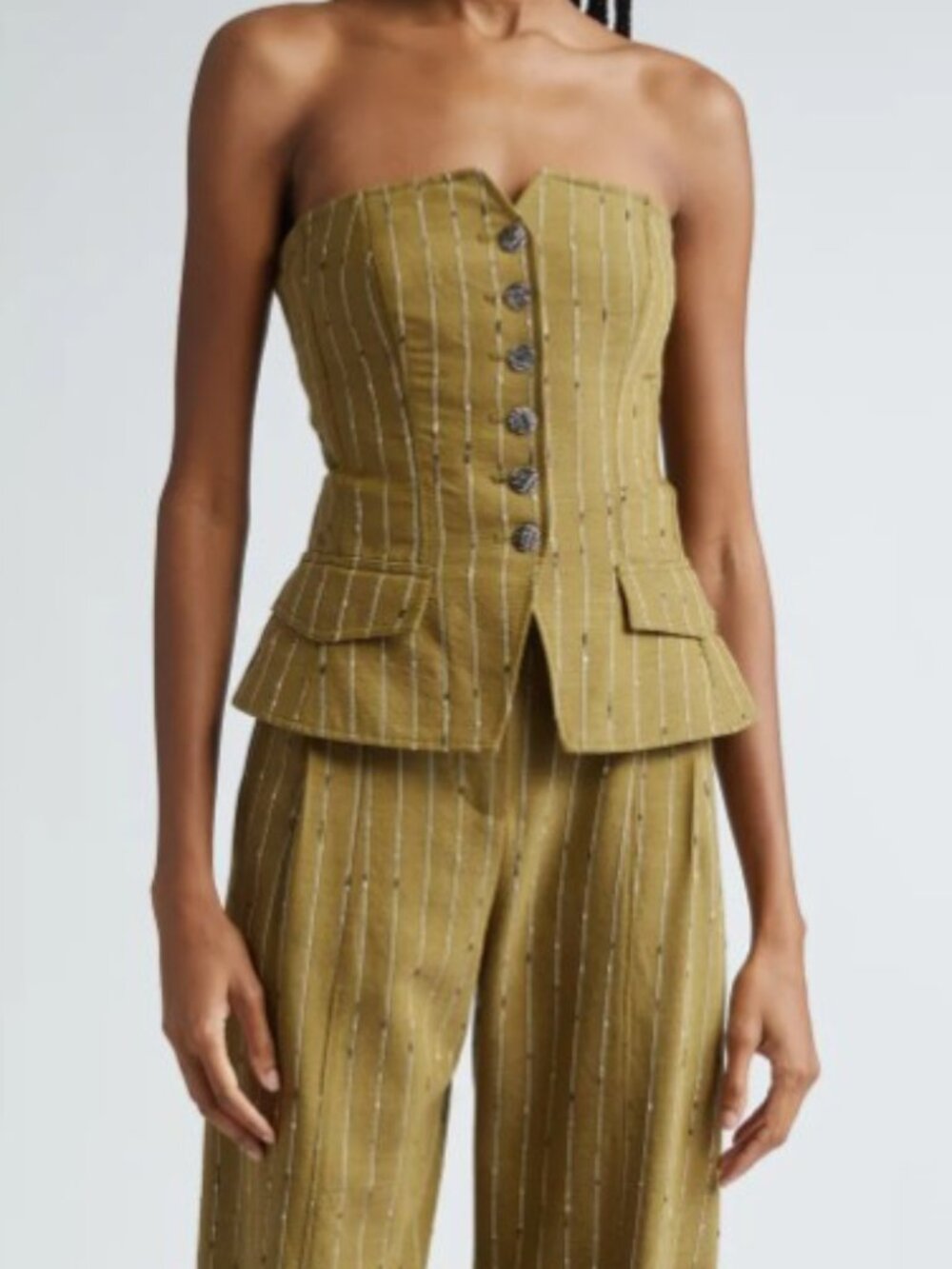 Ulla Johnson Wool Noemie Pinstripe Strapless Bustier Corset Top in Aspen